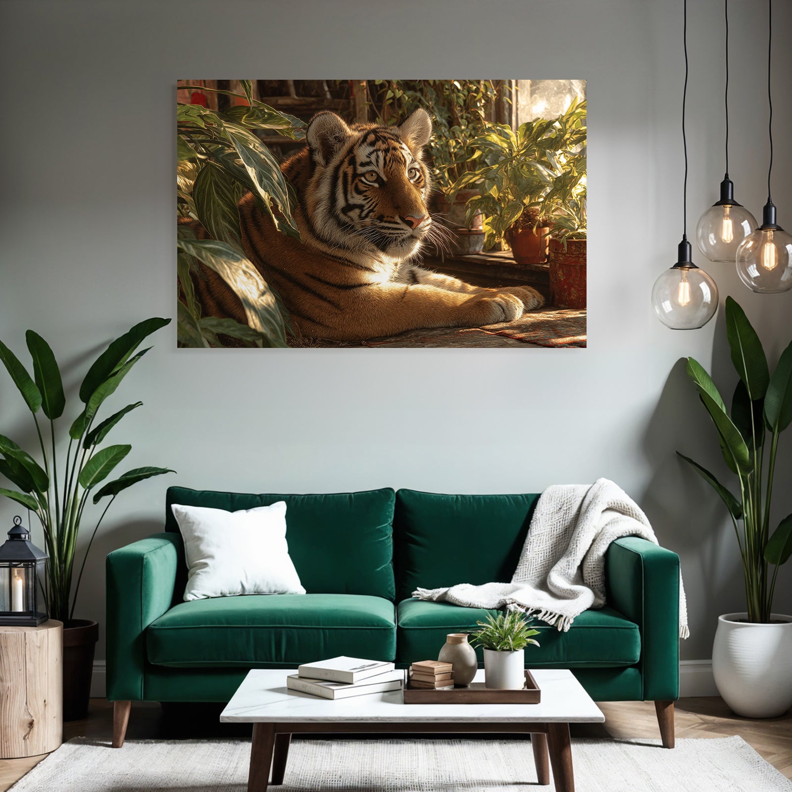 Tiger Ruhend In Grünen Und Innenraum Mit Pflanzen
