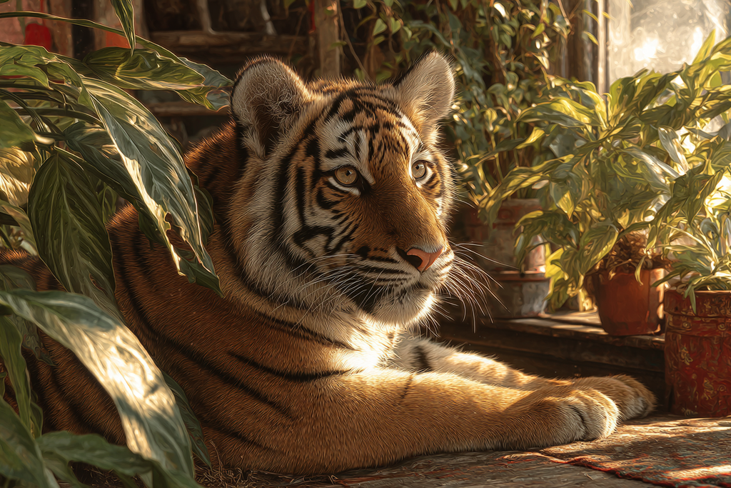 Tiger Ruhend In Grünen Und Innenraum Mit Pflanzen | Katzen und Hunde | Tiere