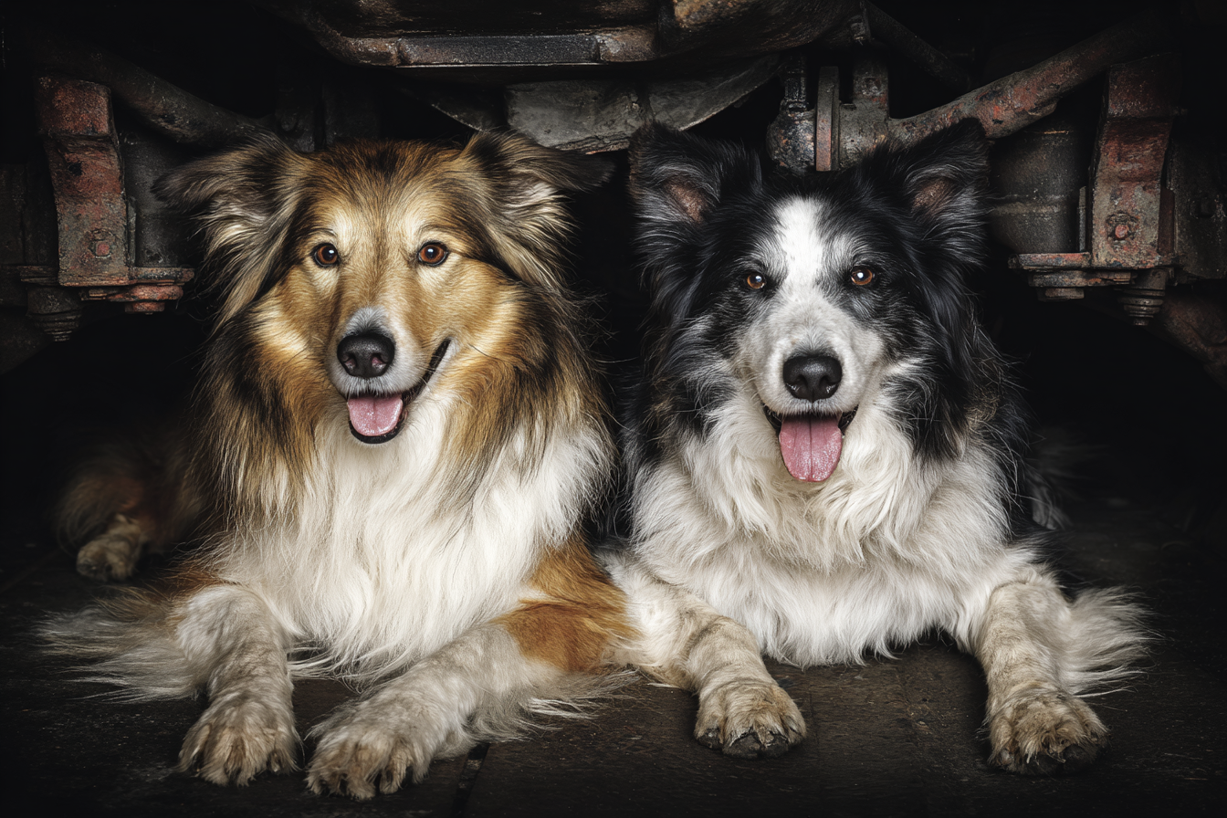 Unter Auto Gelb Brauner Hund Und Schwarz Weisser Hund | Katzen und Hunde | Tiere