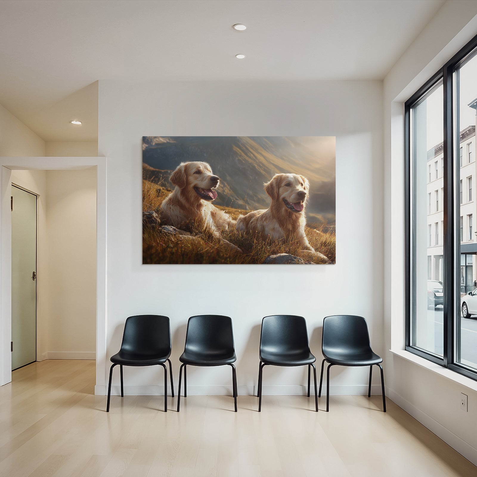Zwei Goldene Retriever Entspannen Auf Dem Hügel Bei Sonnenschein