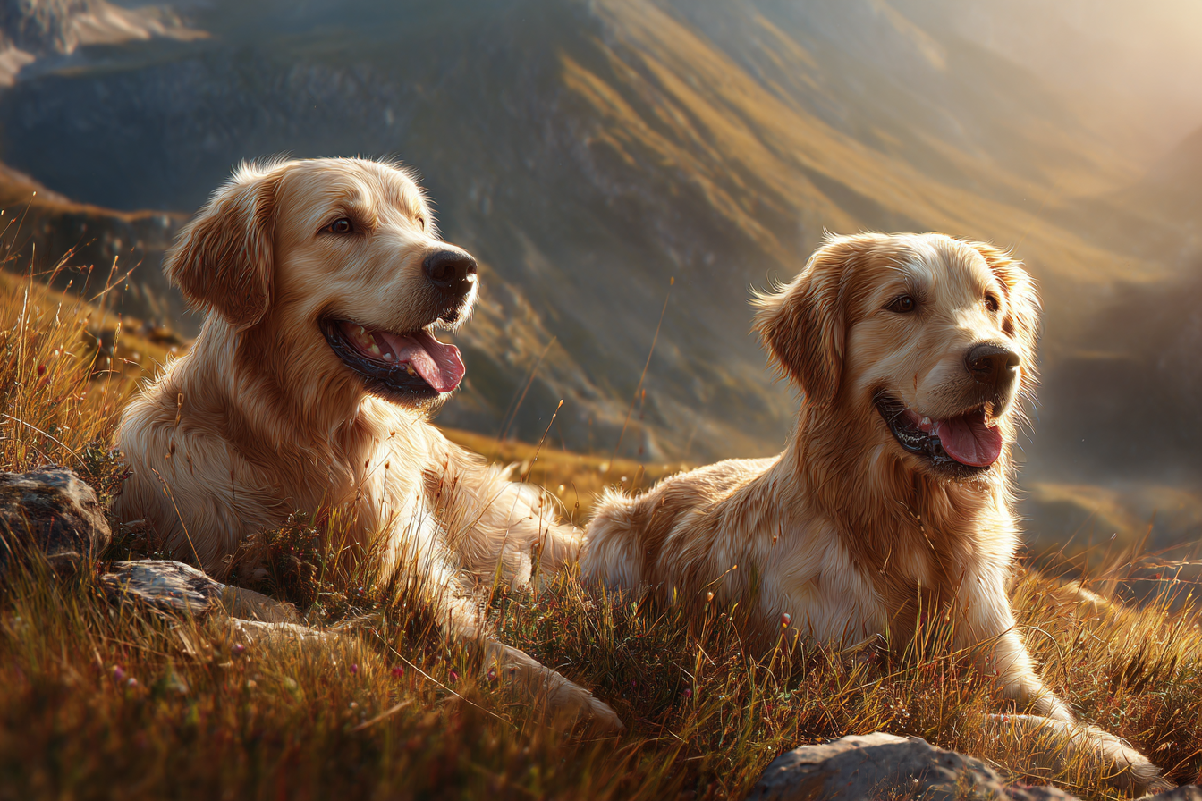 Zwei Goldene Retriever Entspannen Auf Dem Hügel Bei Sonnenschein | Katzen und Hunde | Tiere