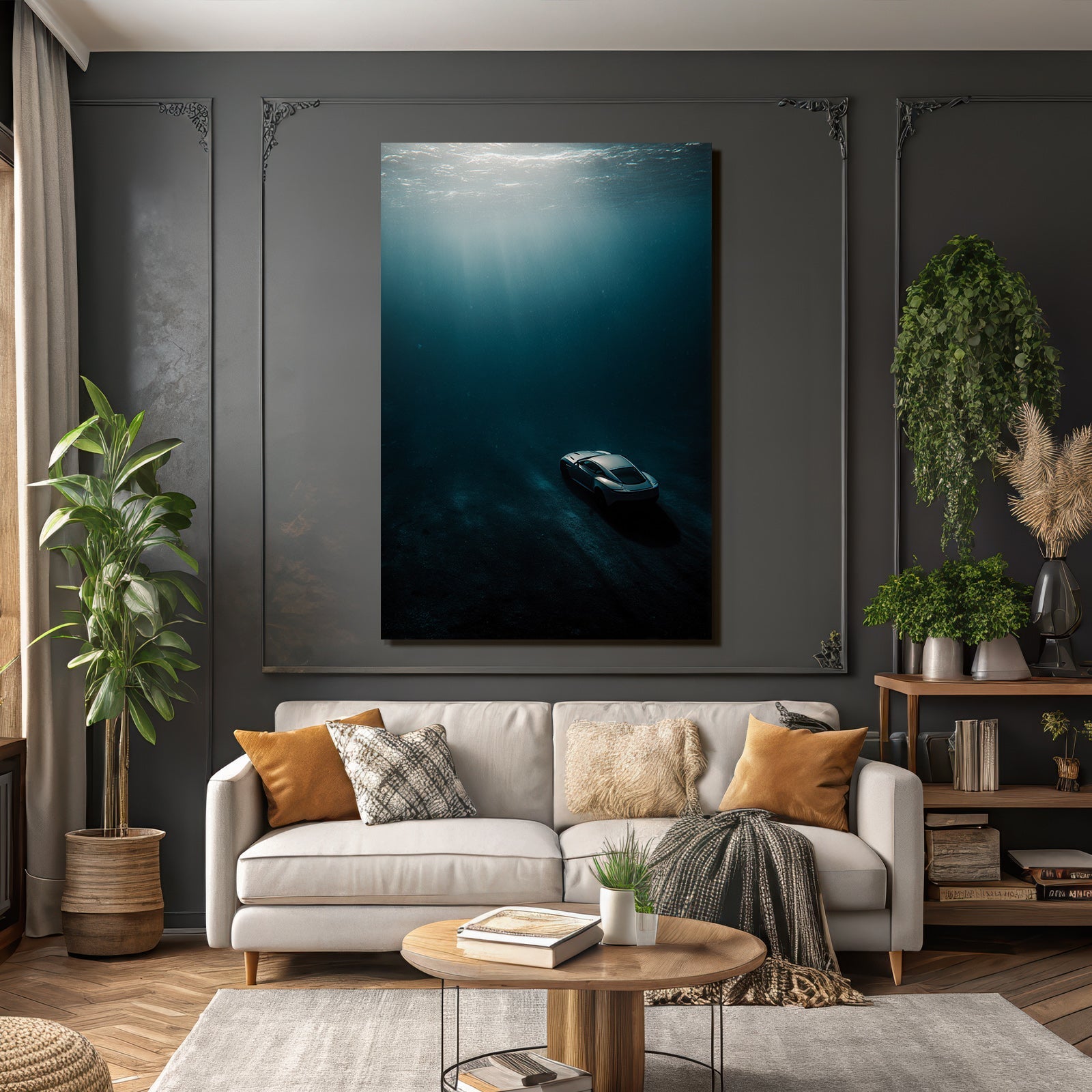 Meeres Auto Unterwasser Mit Lichtstrahlen Und Mystischer Atmosphäre