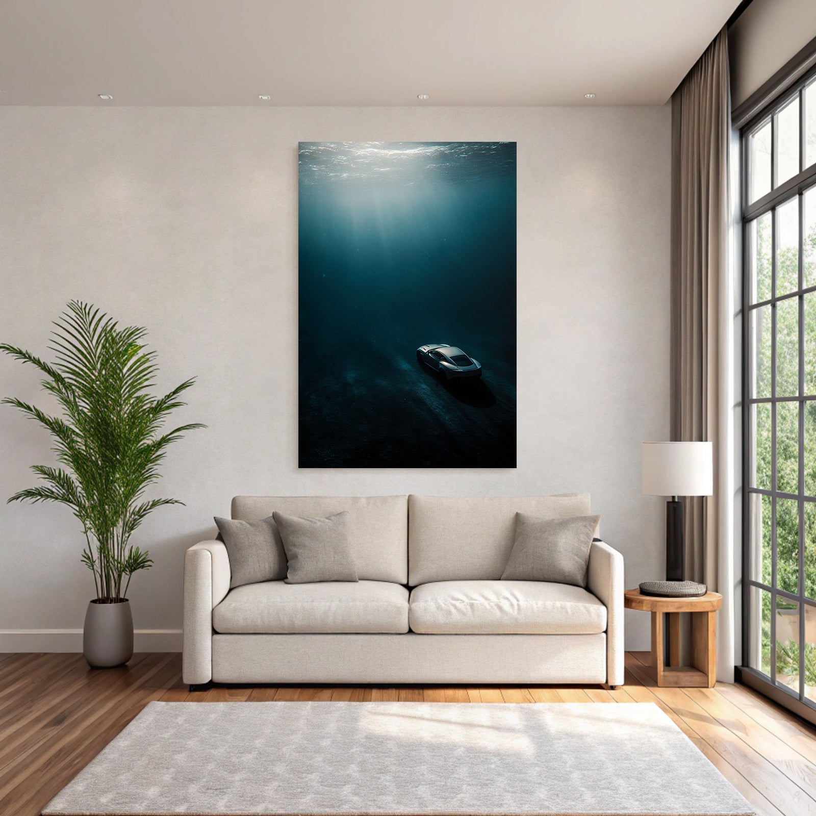 Meeres Auto Unterwasser Mit Lichtstrahlen Und Mystischer Atmosphäre