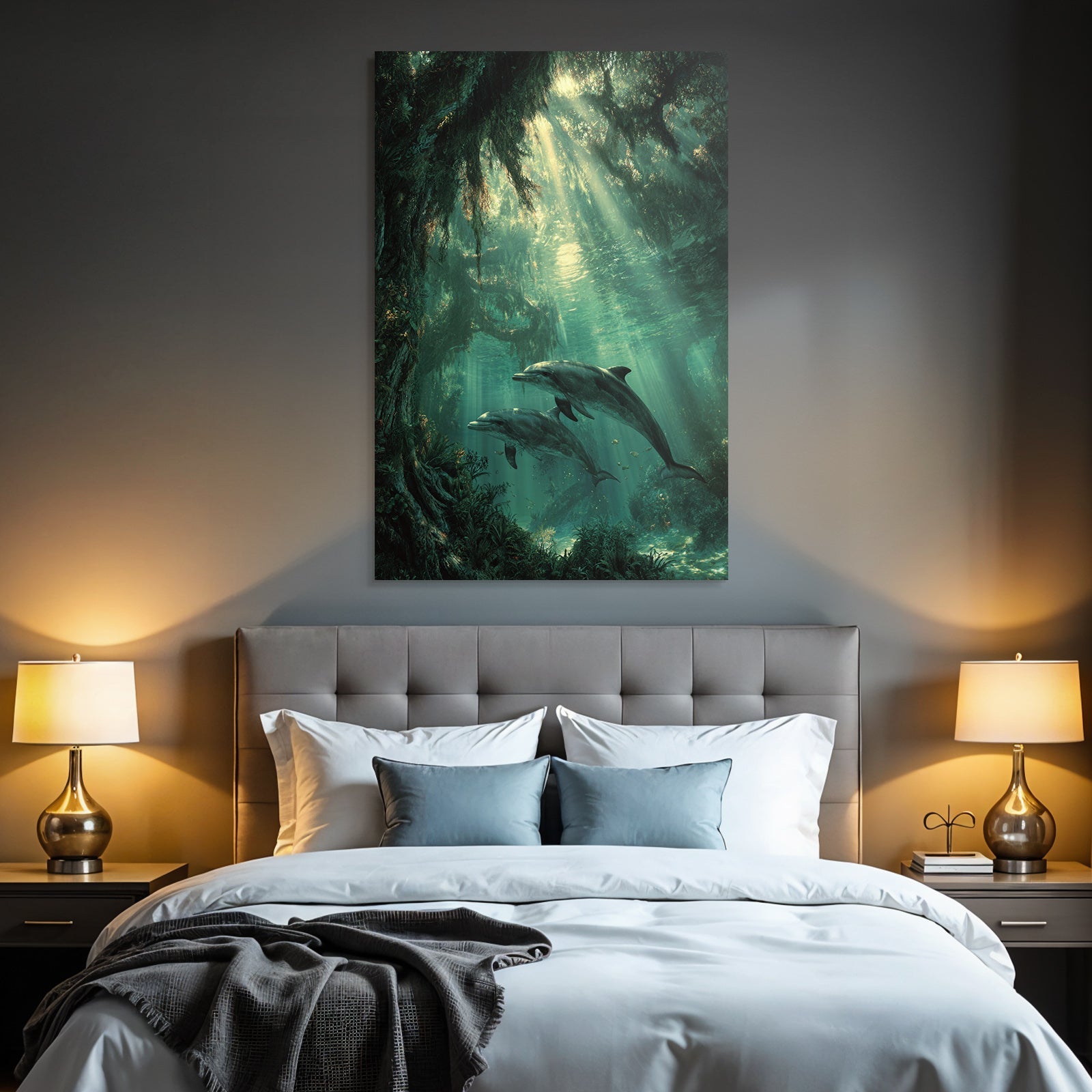 Meeres Beruhigende Unterwasserlandschaft Mit Delfinen Und Lichtstrahlen