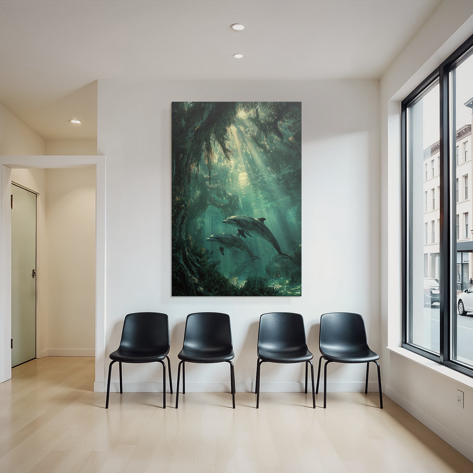 Meeres Beruhigende Unterwasserlandschaft Mit Delfinen Und Lichtstrahlen