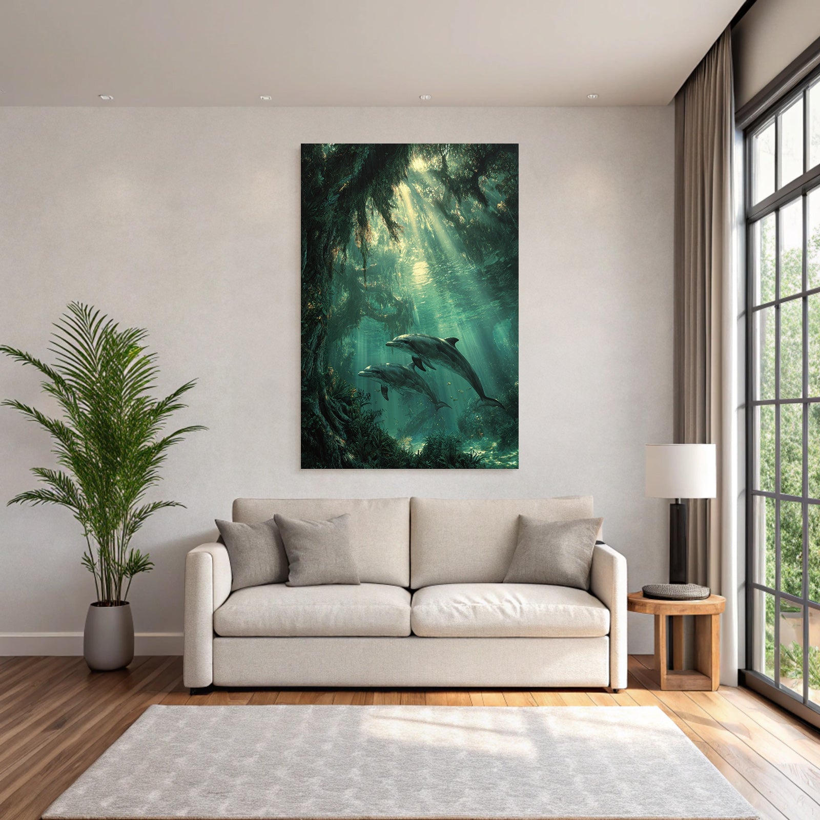 Meeres Beruhigende Unterwasserlandschaft Mit Delfinen Und Lichtstrahlen