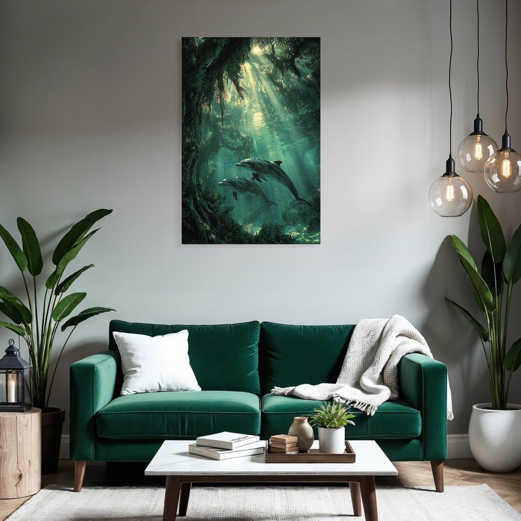 Meeres Beruhigende Unterwasserlandschaft Mit Delfinen Und Lichtstrahlen