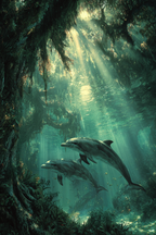 Meeres Beruhigende Unterwasserlandschaft Mit Delfinen Und Lichtstrahlen | Meerestiere | Tiere