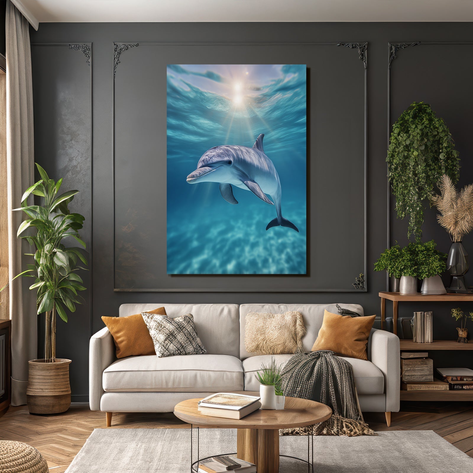 Meeres Delfin Schwimmt In Klarem Blaüm Wasser Sonnenlicht Unterwasser