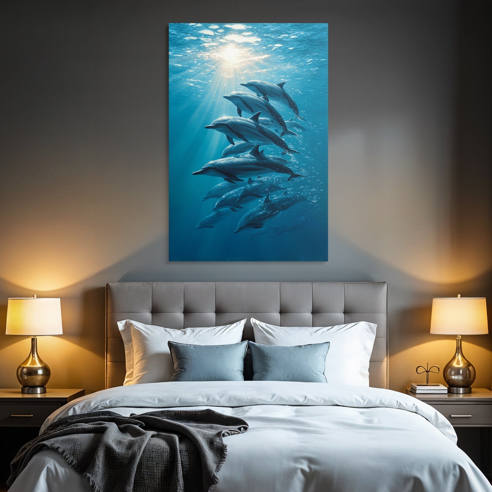 Meeres Delfine Schwimmen Unterwasser Sonnenlicht