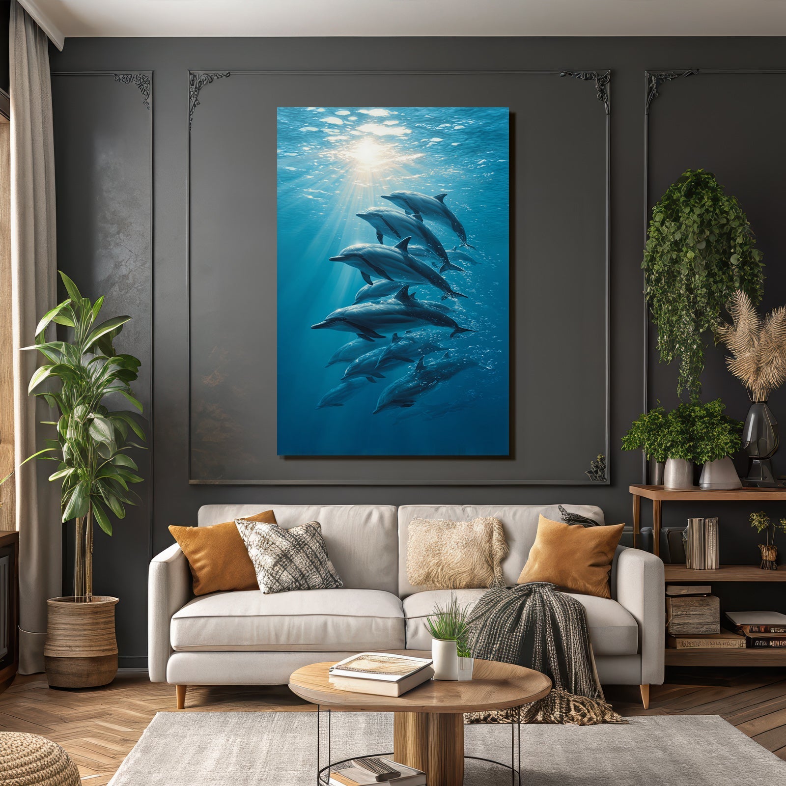 Meeres Delfine Schwimmen Unterwasser Sonnenlicht