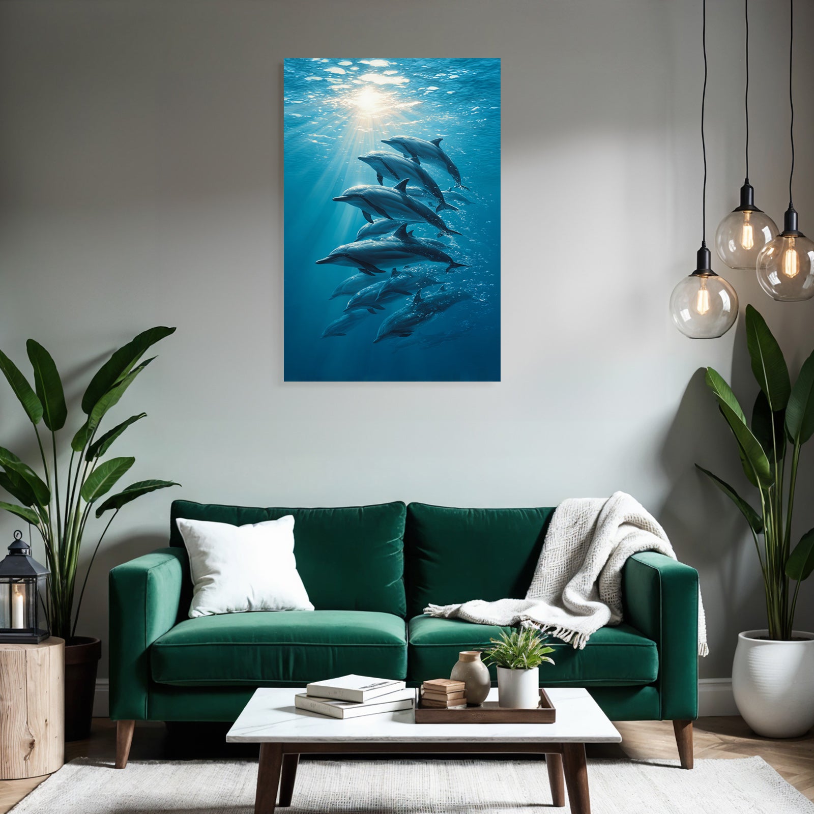 Meeres Delfine Schwimmen Unterwasser Sonnenlicht