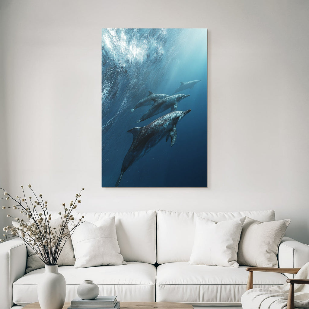 Meeres Delphine Schwimmen Unterwasser Im Lichtdurchfluteten Naturnahem Habitat