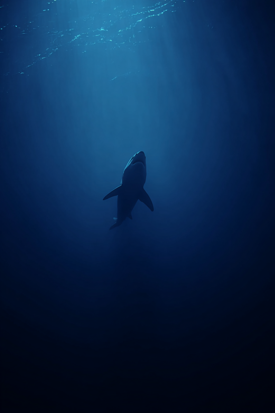 Meeres Dunkle Unterwasser Szene Mit Haifisch Der Nach Oben Schwimmt Durch Einfallendes Licht | Meerestiere | Tiere