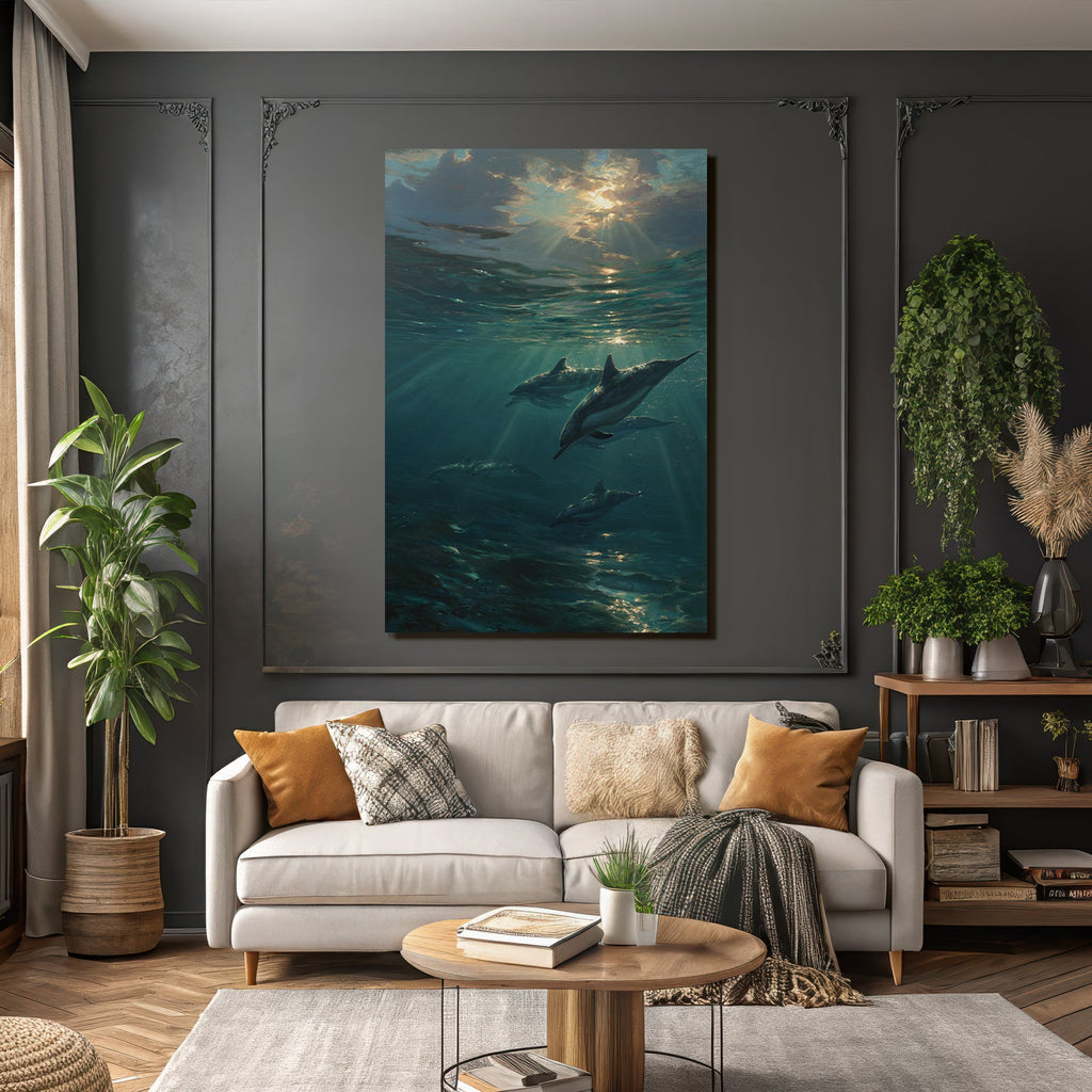 Meeres Gelassene Unterwasserwelt Mit Delfinen Und Lichtspiel