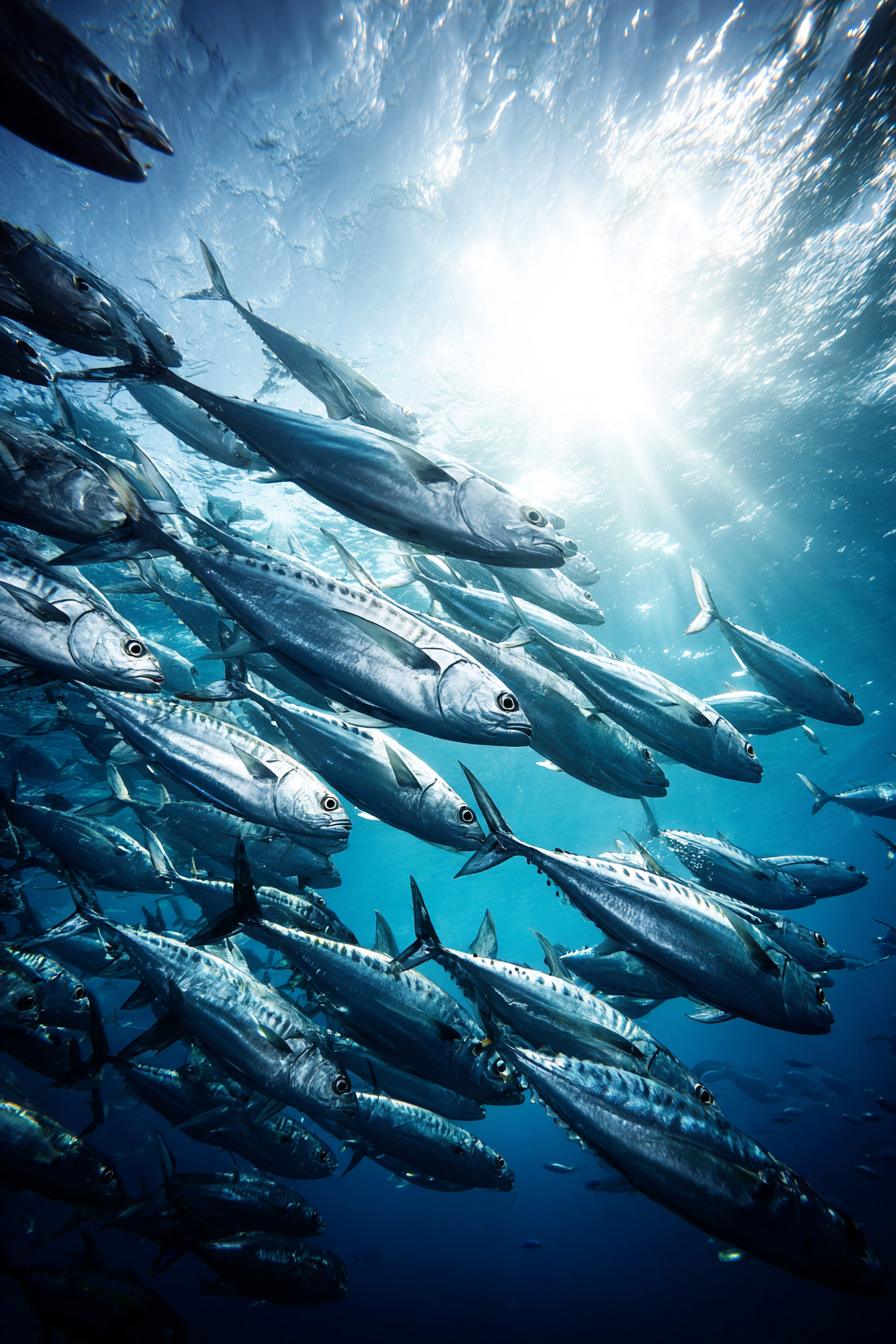 Meeres Grosser Fischschwarm Unterwasser Beleuchtet Durch Sonnenlicht | Meerestiere | Tiere