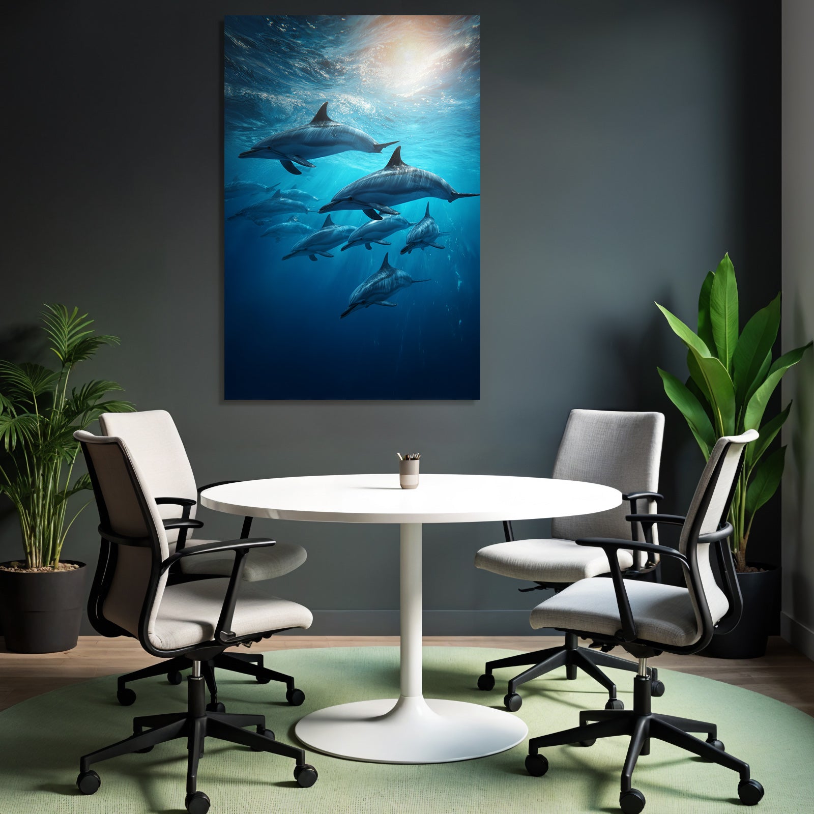 Meeres Gruppe Von Delfinen Unter Wasser Mit Schimmerndem Licht