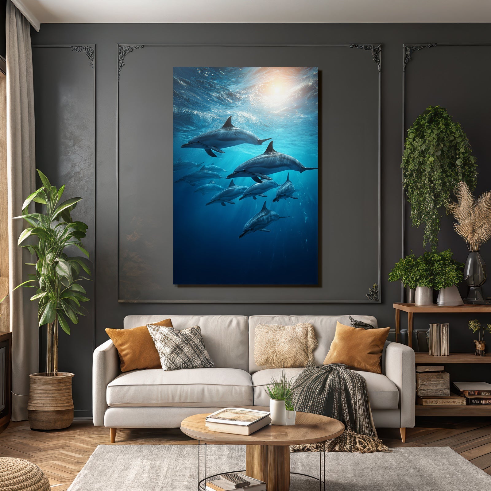 Meeres Gruppe Von Delfinen Unter Wasser Mit Schimmerndem Licht