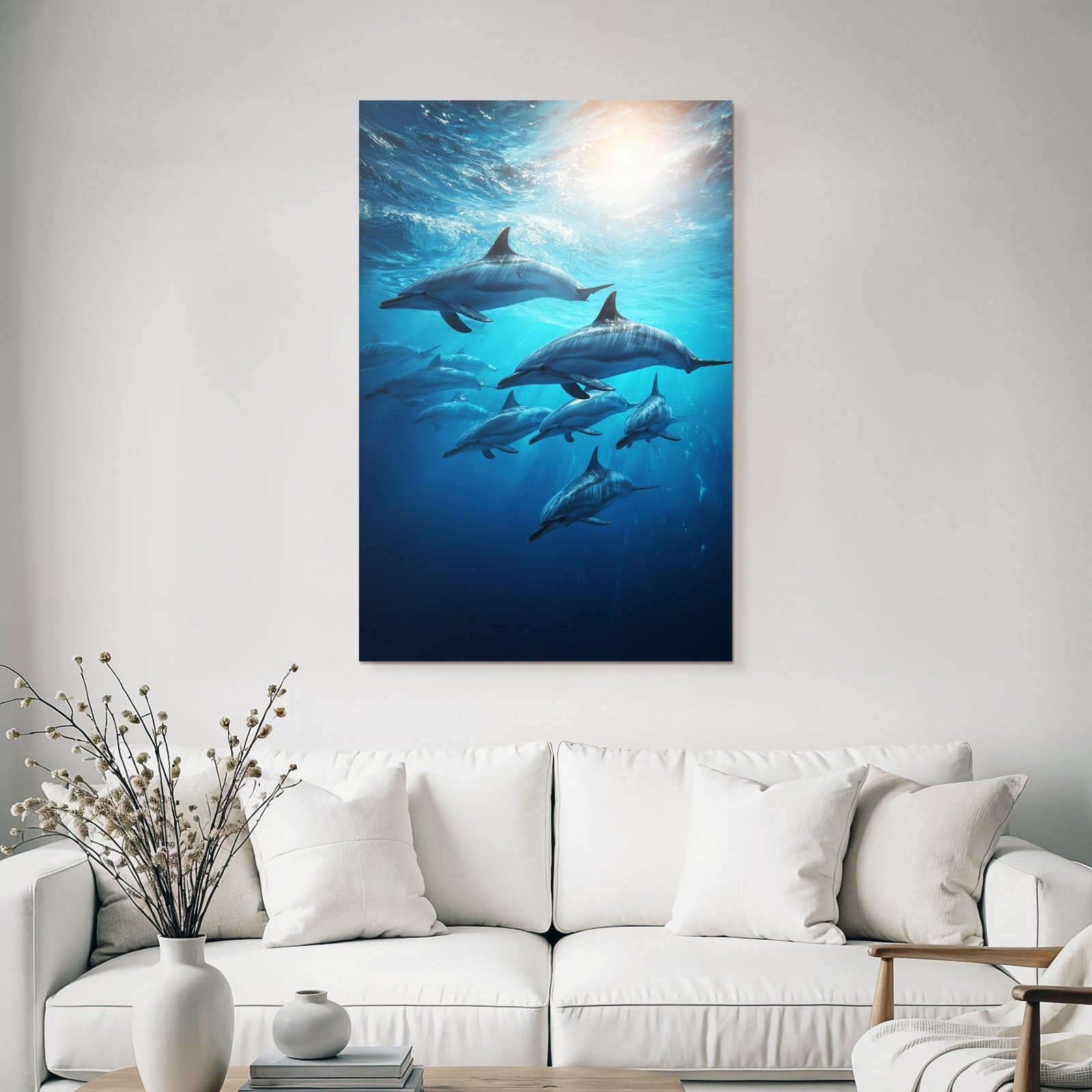 Meeres Gruppe Von Delfinen Unter Wasser Mit Schimmerndem Licht
