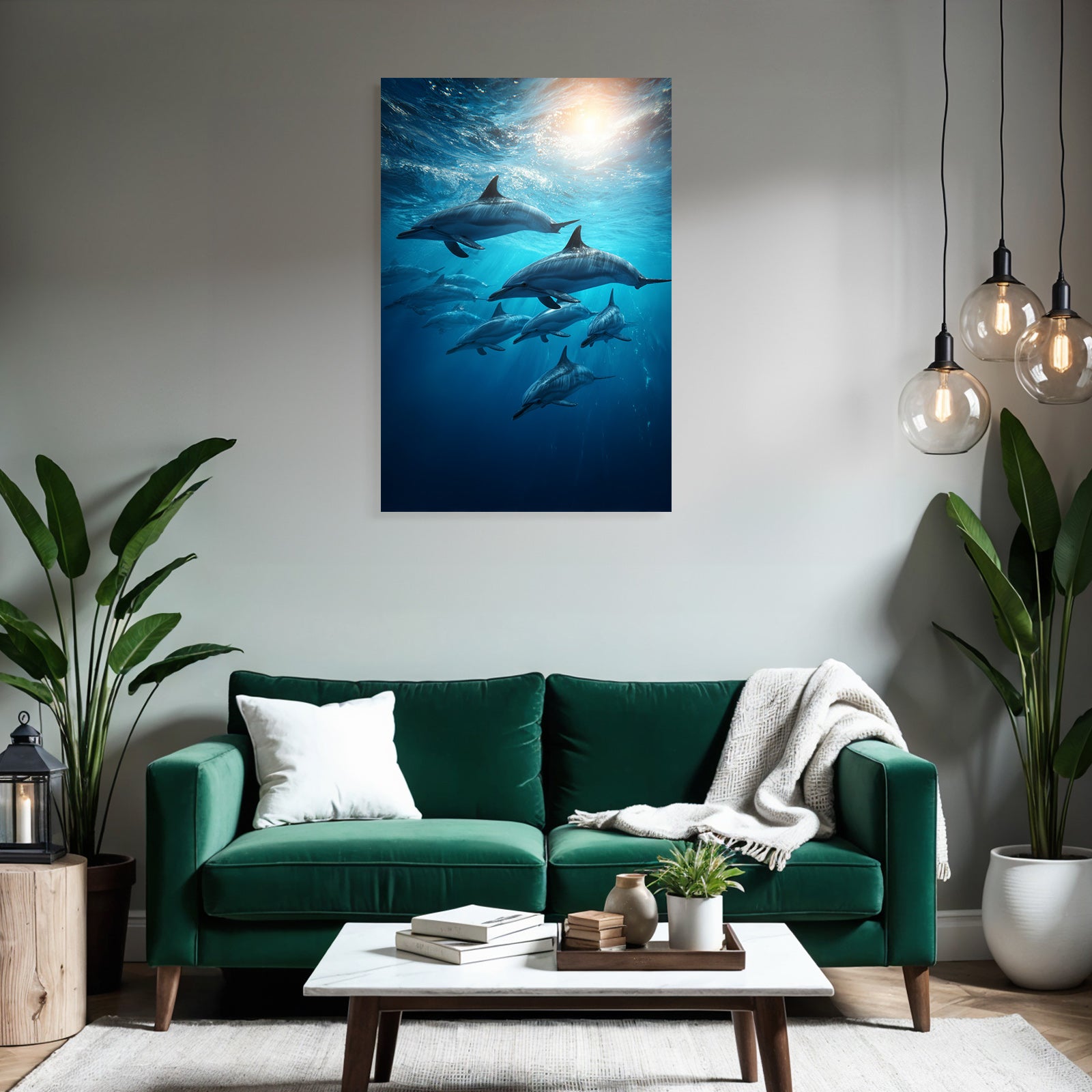 Meeres Gruppe Von Delfinen Unter Wasser Mit Schimmerndem Licht