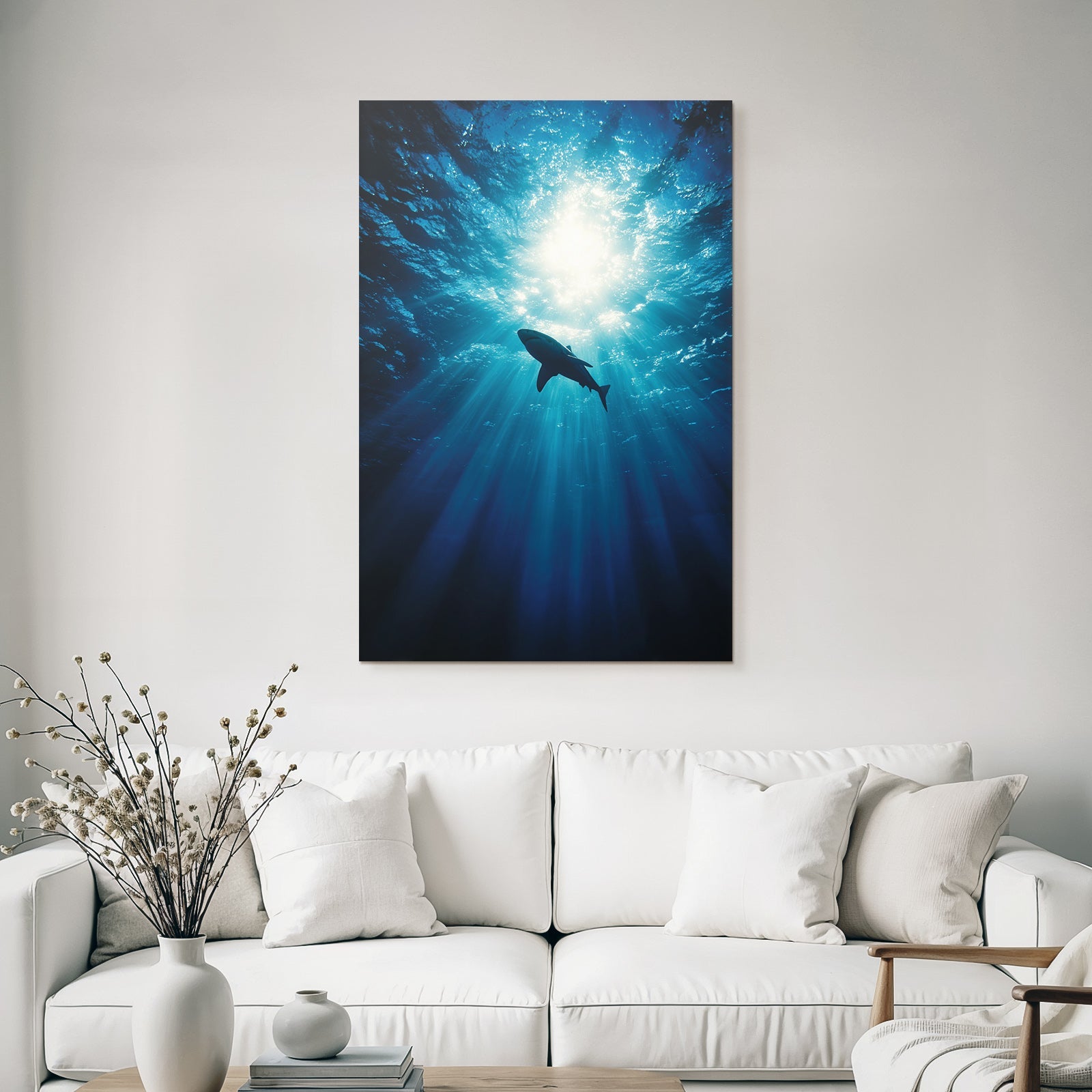 Meeres Haifischumriss Unterwasser Mit Sonnenlichtstrahlen