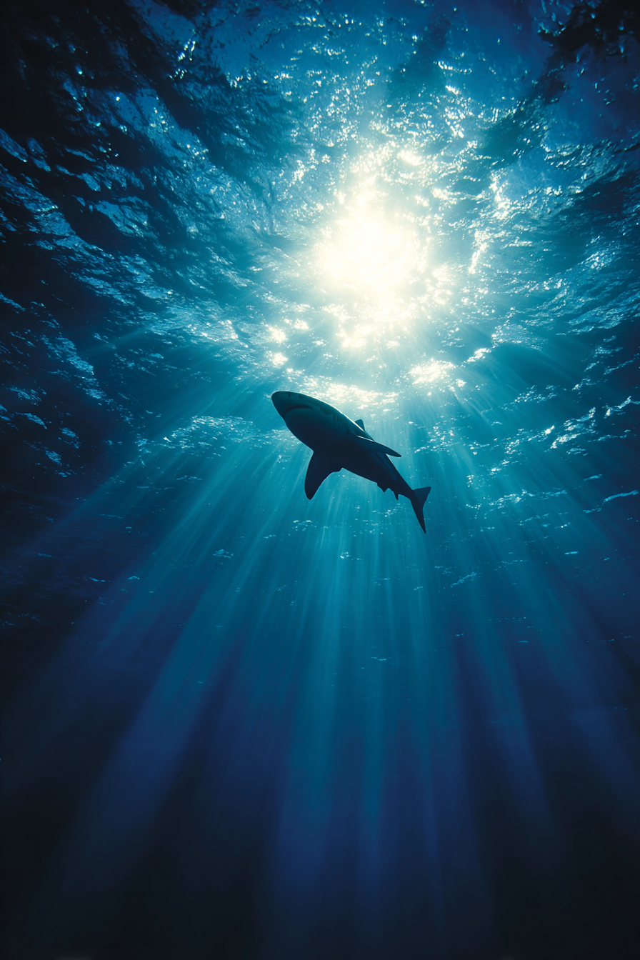 Meeres Haifischumriss Unterwasser Mit Sonnenlichtstrahlen | Meerestiere | Tiere