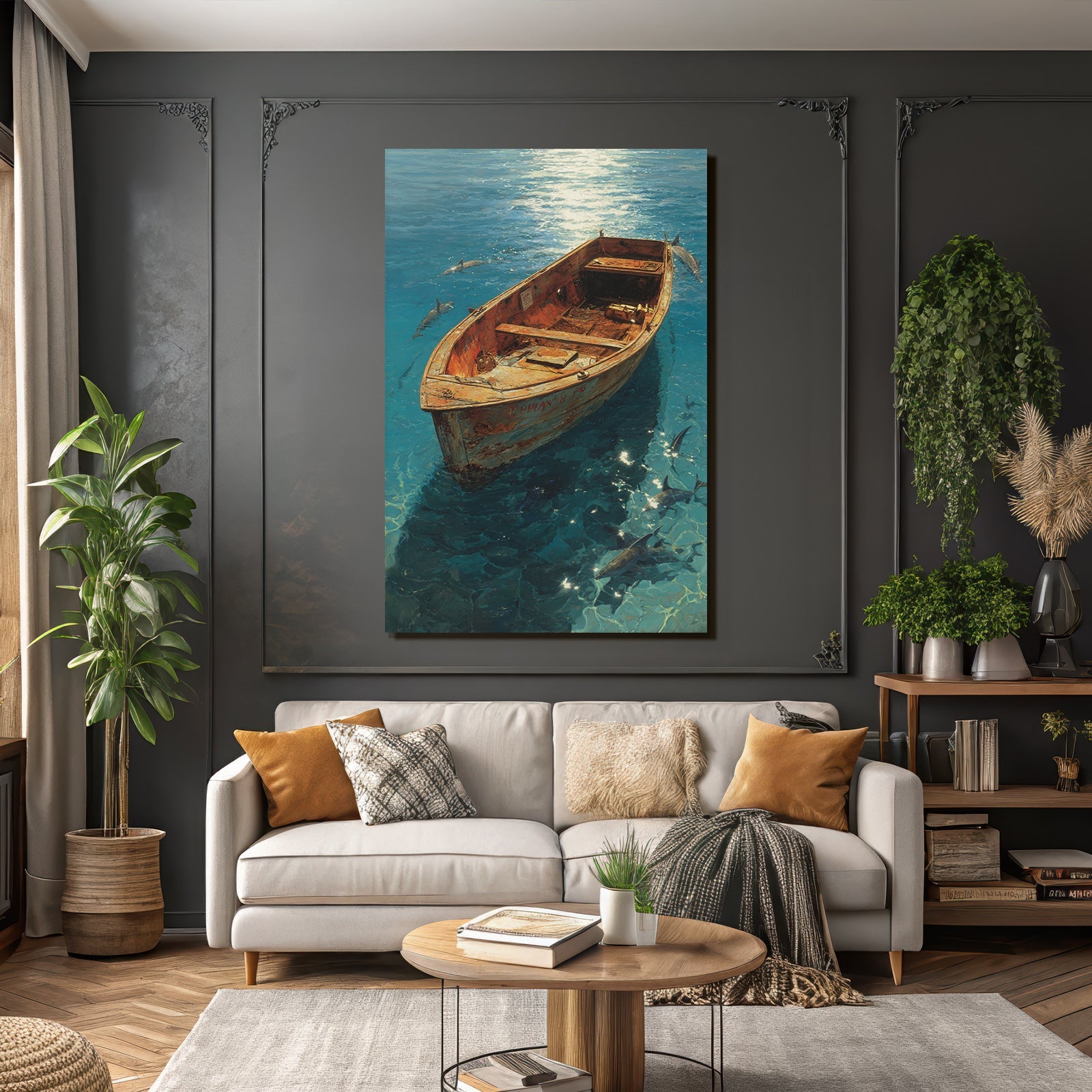 Meeres Kleines Verwittertes Boot Mit Haien Unter Klarem Wasser