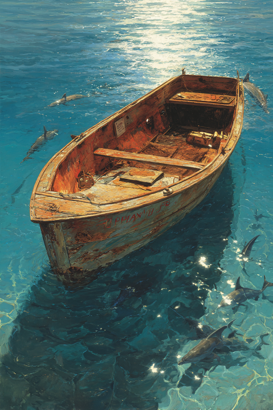 Meeres Kleines Verwittertes Boot Mit Haien Unter Klarem Wasser | Meerestiere | Tiere