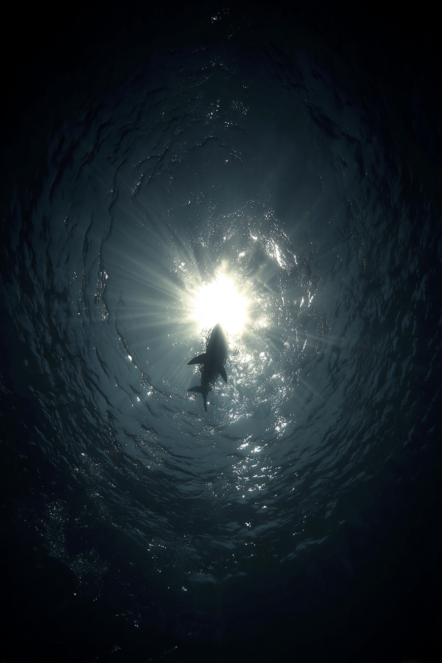 Meeres Unterwasser Szene Silhoütte Eines Hais Im Sonnenlicht | Meerestiere | Tiere
