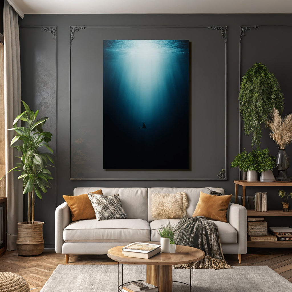 Meeres Unterwasser Szene Tiefes Blau Lichtstrahlen Silhoütte Eines Haies