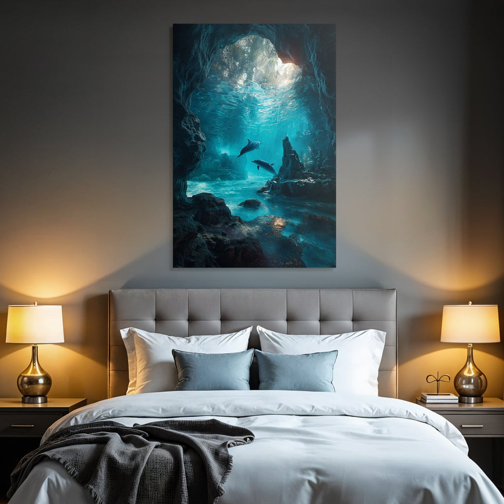 Underwater sea cave with light beams and two dolphins in tranquil surroundings