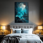 Underwater sea cave with light beams and two dolphins in tranquil surroundings