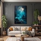 Underwater sea cave with light beams and two dolphins in tranquil surroundings