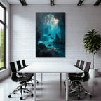 Underwater sea cave with light beams and two dolphins in tranquil surroundings