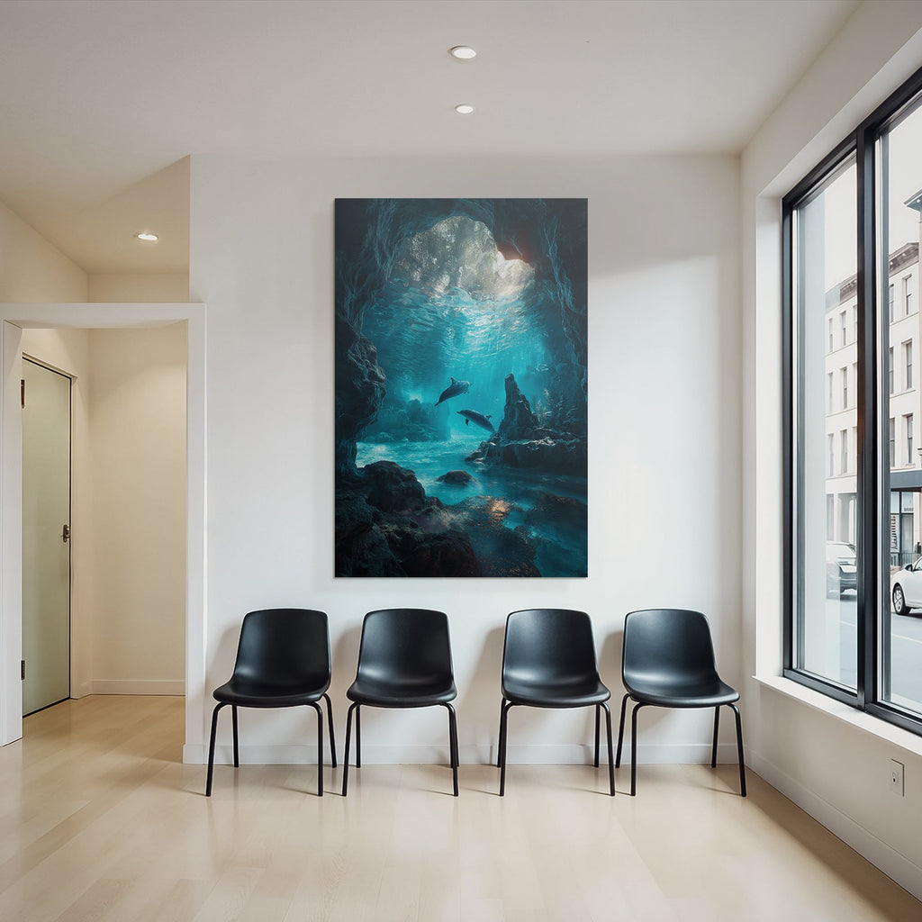 Underwater sea cave with light beams and two dolphins in tranquil surroundings