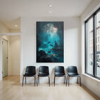 Underwater sea cave with light beams and two dolphins in tranquil surroundings