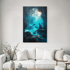 Underwater sea cave with light beams and two dolphins in tranquil surroundings
