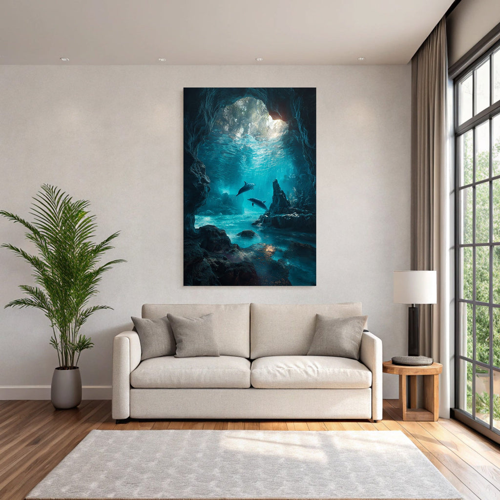 Underwater sea cave with light beams and two dolphins in tranquil surroundings