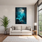 Underwater sea cave with light beams and two dolphins in tranquil surroundings