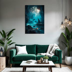 Underwater sea cave with light beams and two dolphins in tranquil surroundings
