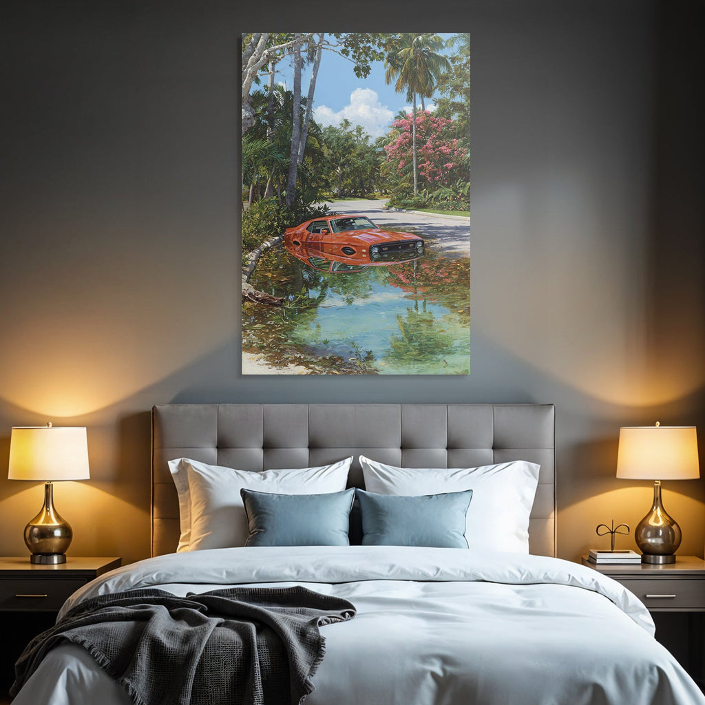 Meeres Oranger Auto Im Wasser Mit Palmen Und Tropischer Vegetation