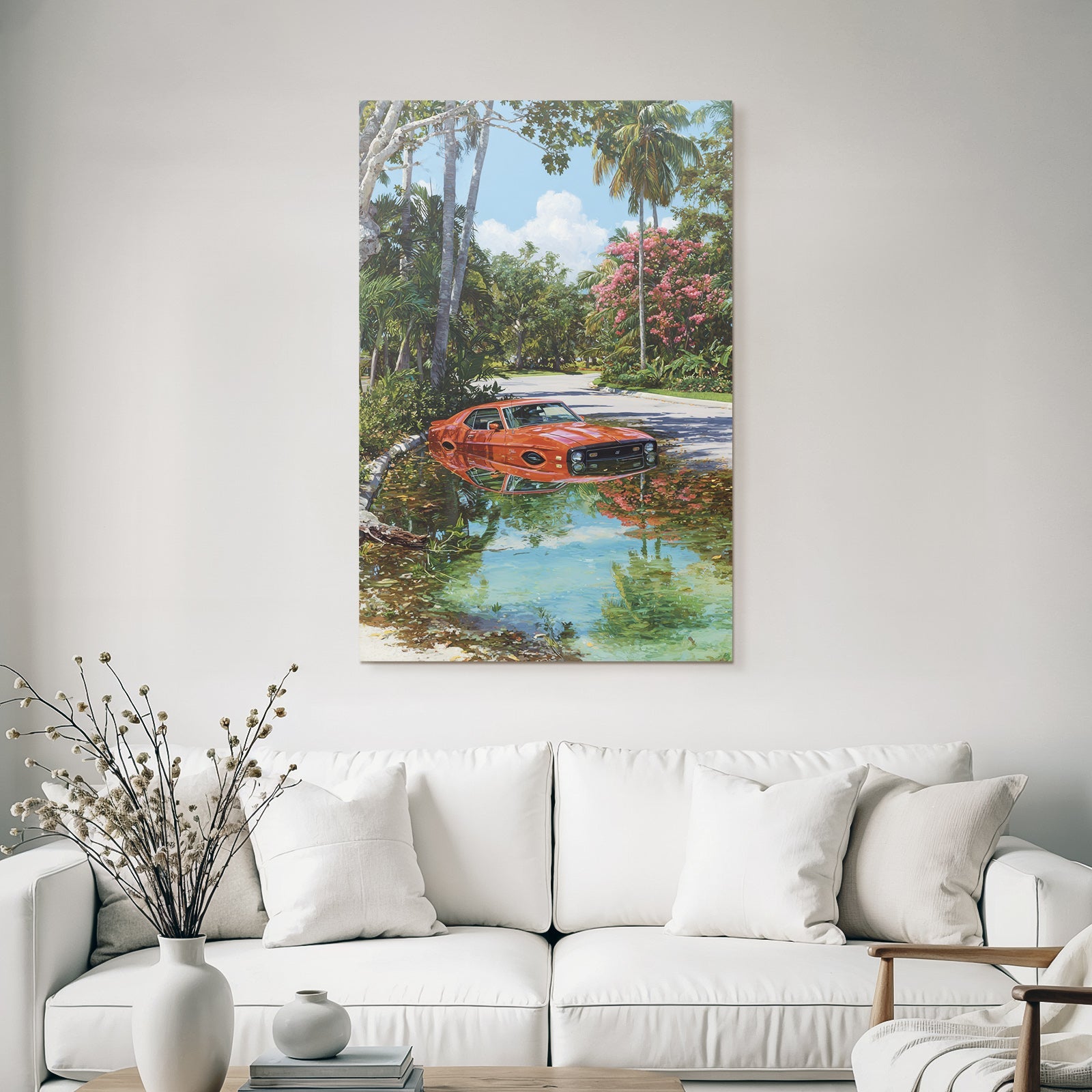 Meeres Oranger Auto Im Wasser Mit Palmen Und Tropischer Vegetation