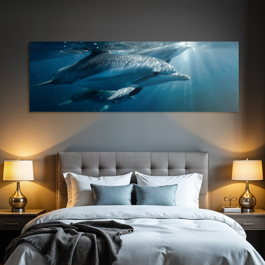Sea dolphins swimming underwater streamlined body light show natural beauty