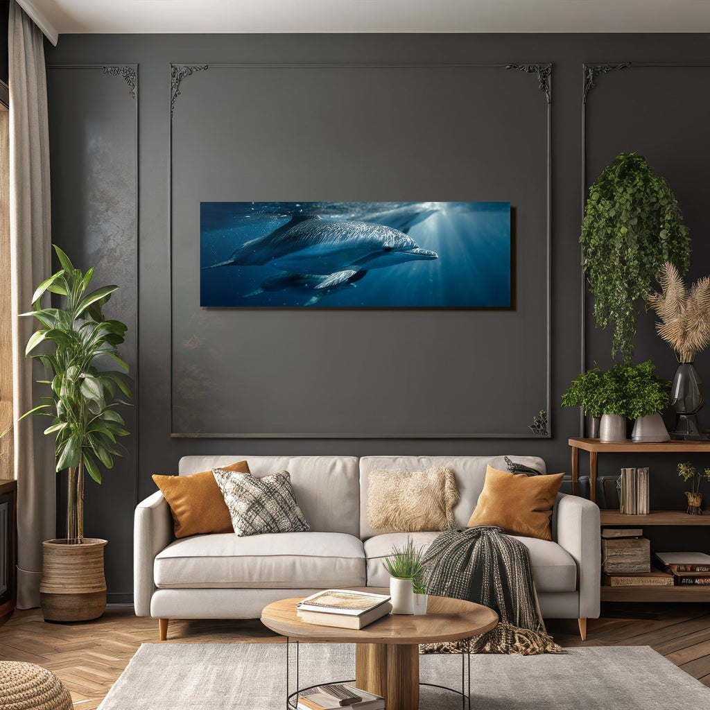 Sea dolphins swimming underwater streamlined body light show natural beauty