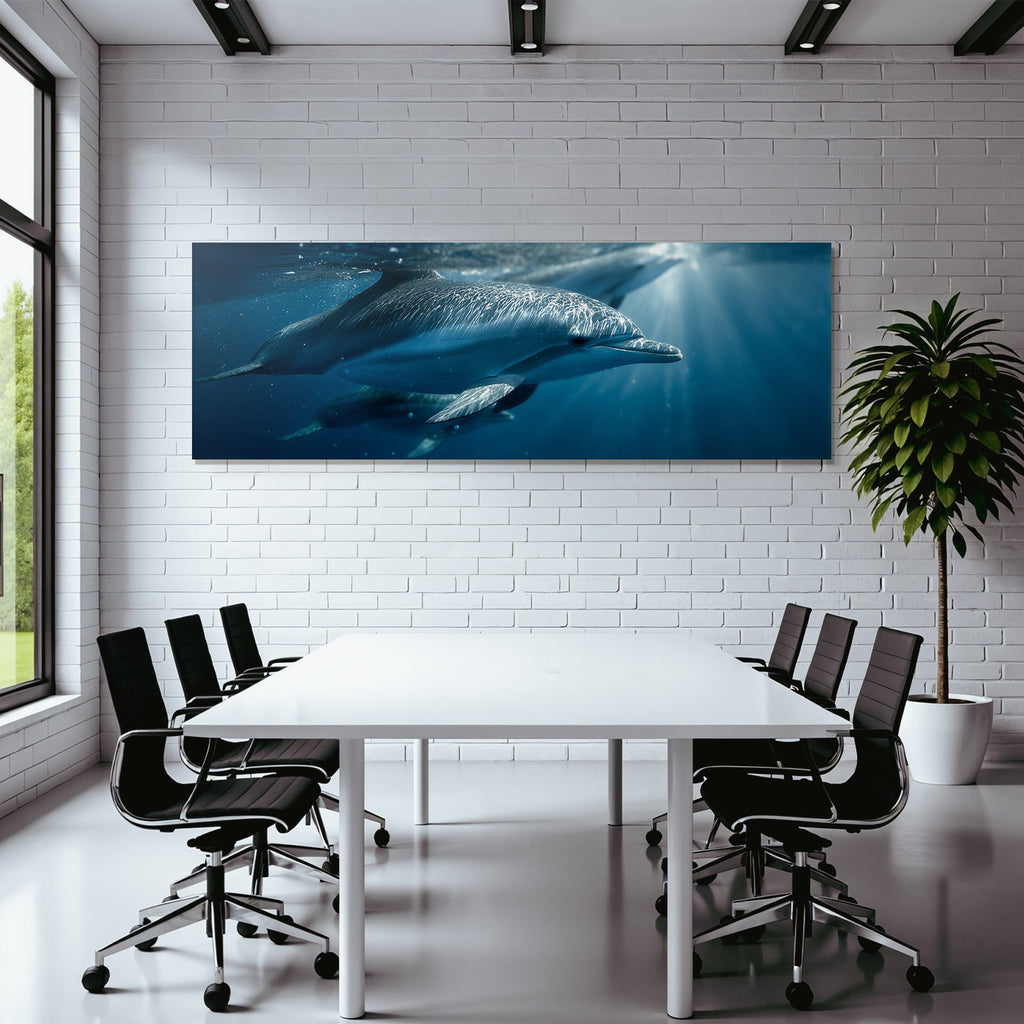 Sea dolphins swimming underwater streamlined body light show natural beauty