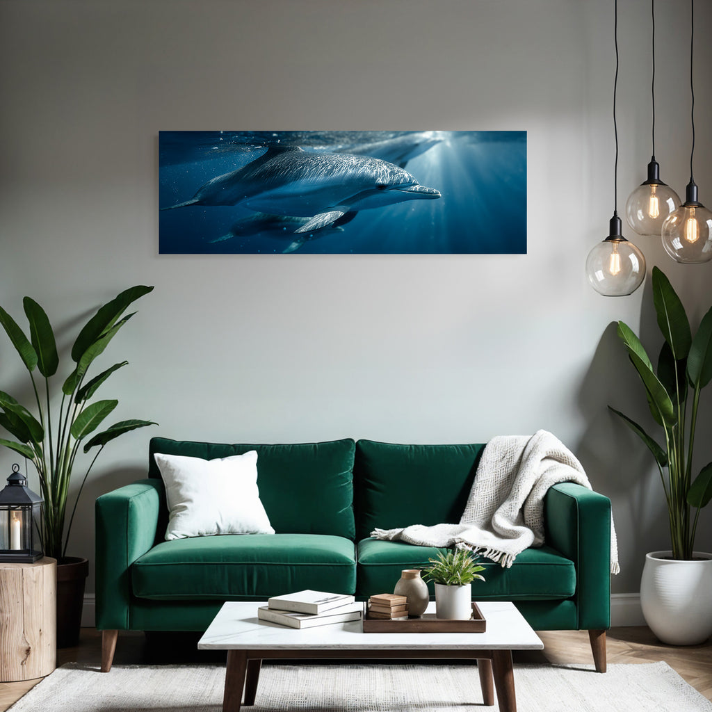 Sea dolphins swimming underwater streamlined body light show natural beauty