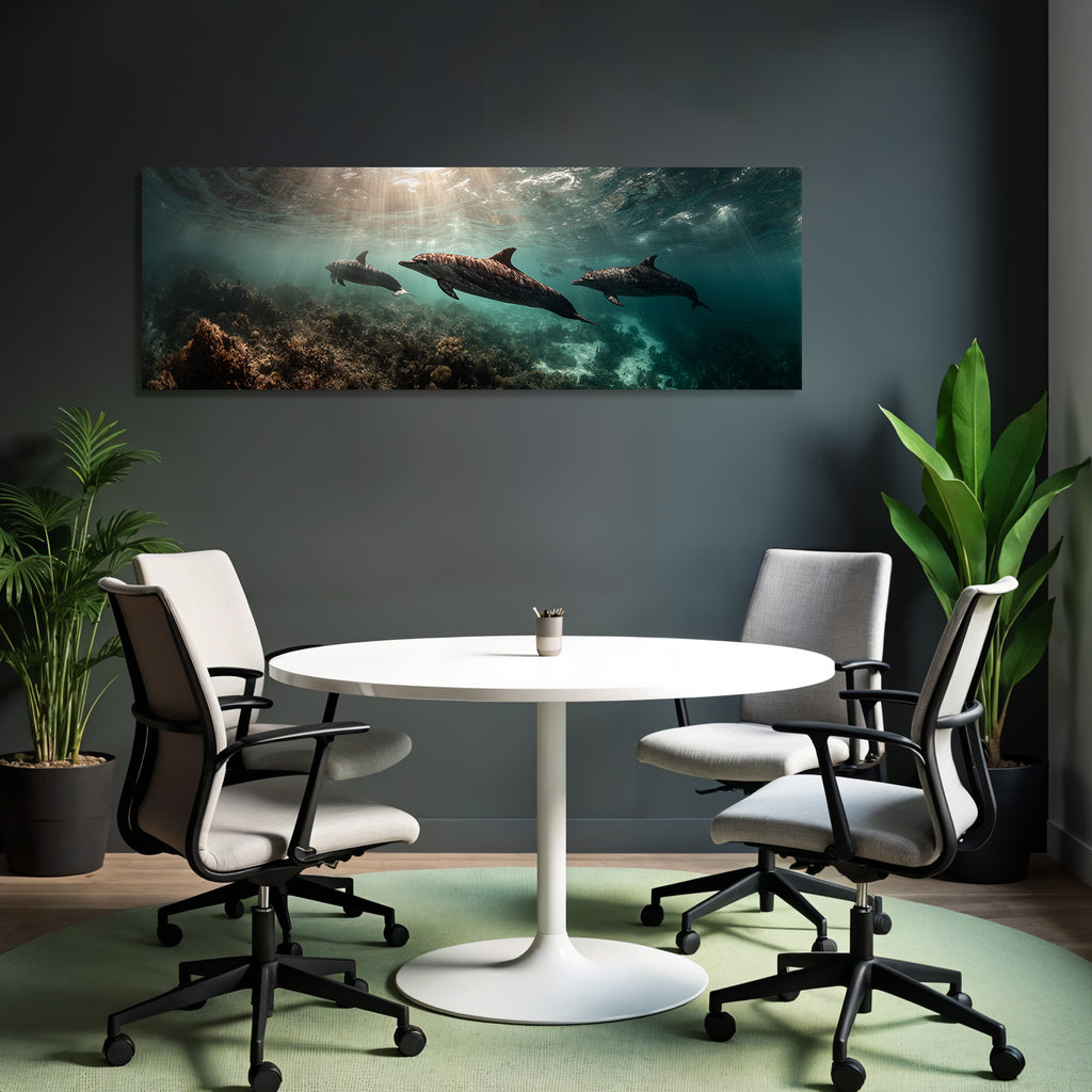 Marine dolphins underwater in seascape with corals and aquatic plants