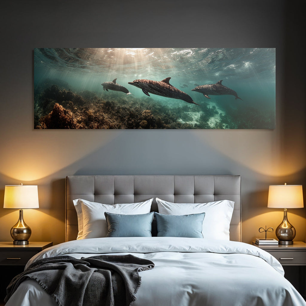 Marine dolphins underwater in seascape with corals and aquatic plants