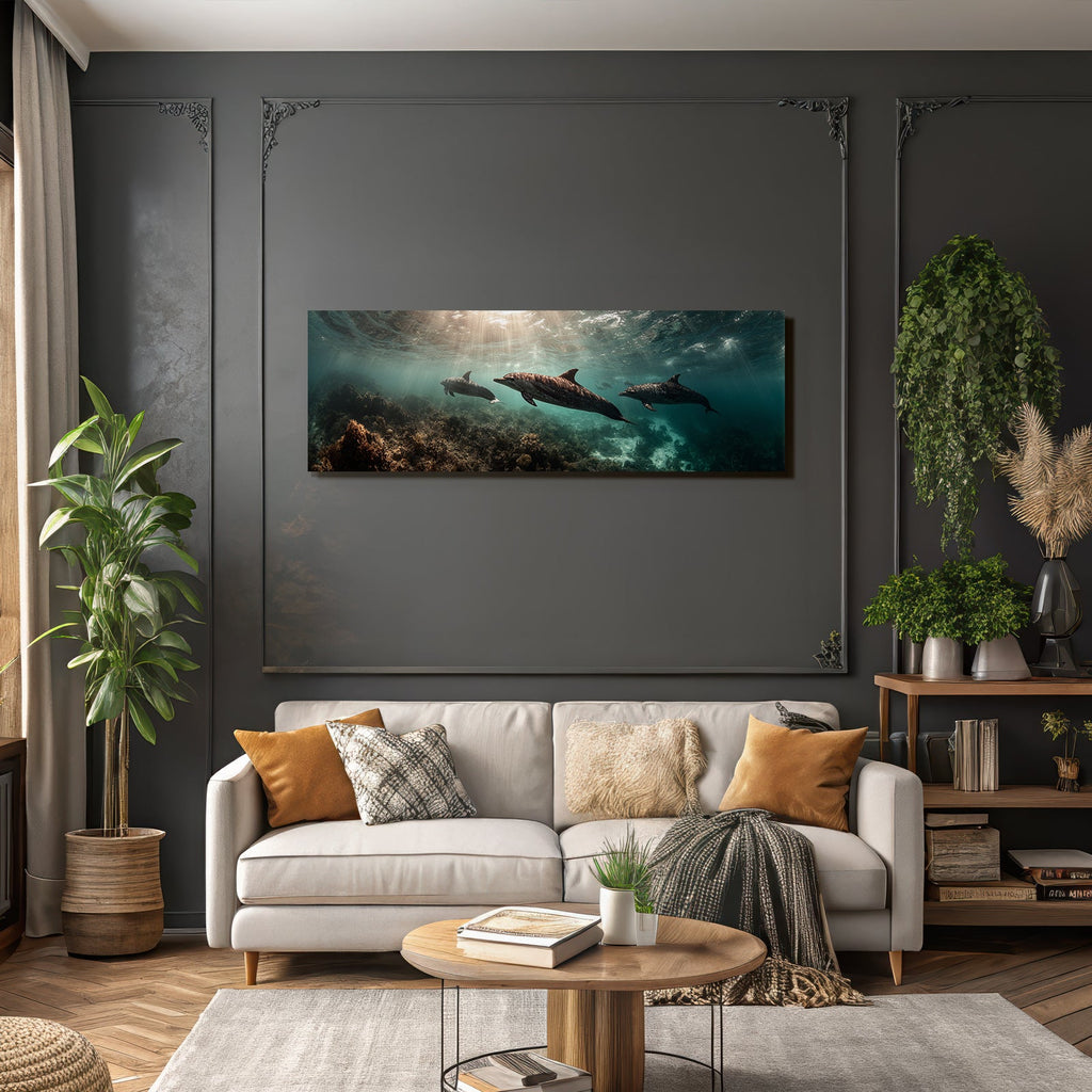 Marine dolphins underwater in seascape with corals and aquatic plants