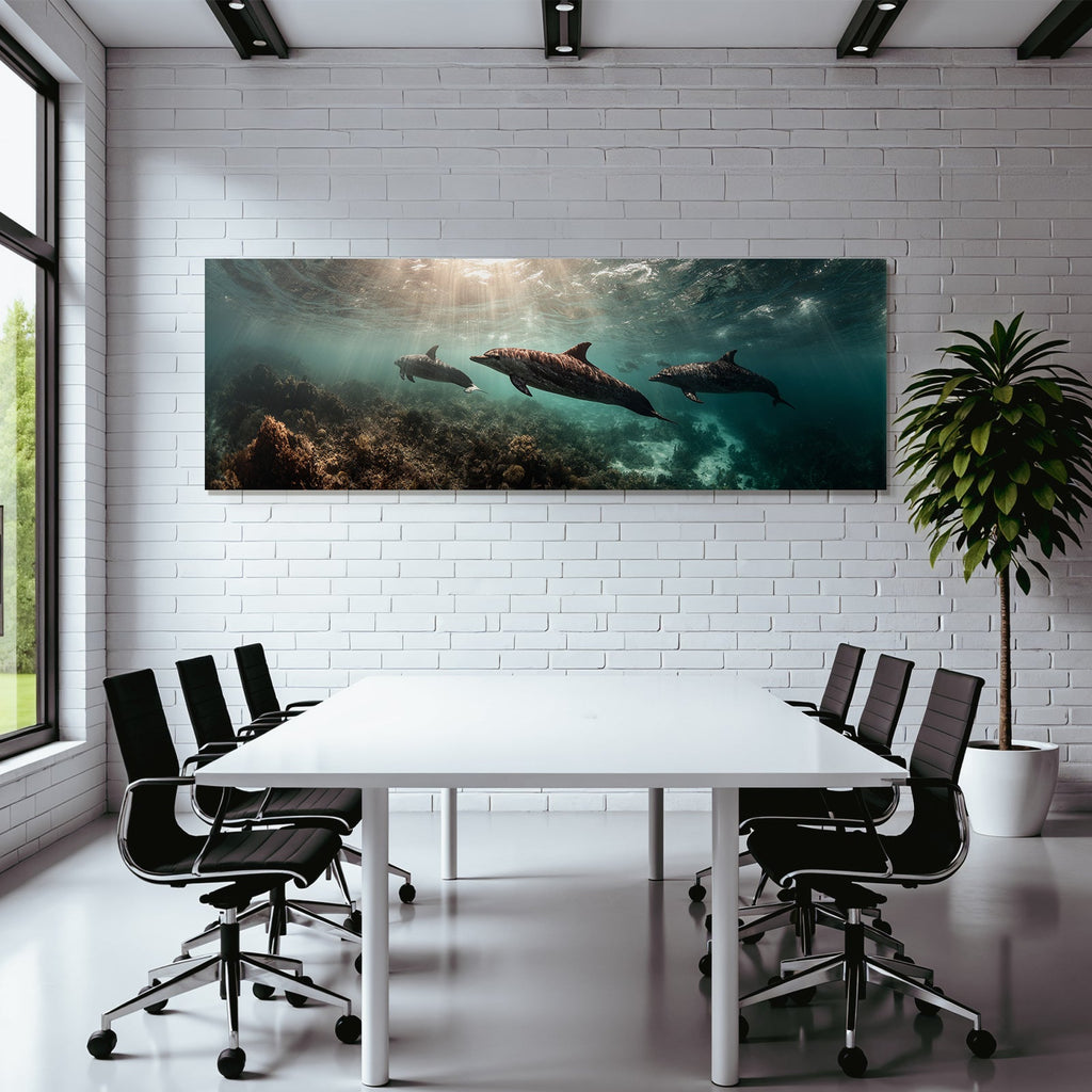 Marine dolphins underwater in seascape with corals and aquatic plants